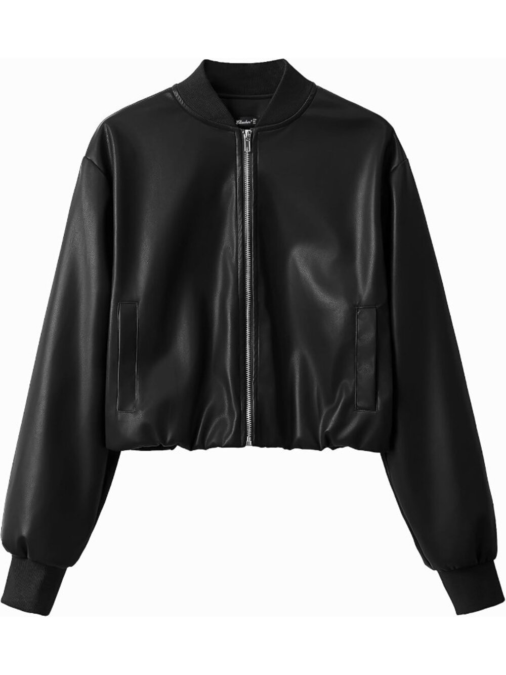 Women's Black Faux Leather Cropped Slightly Stretch Zip Up with Cotton Ribbed